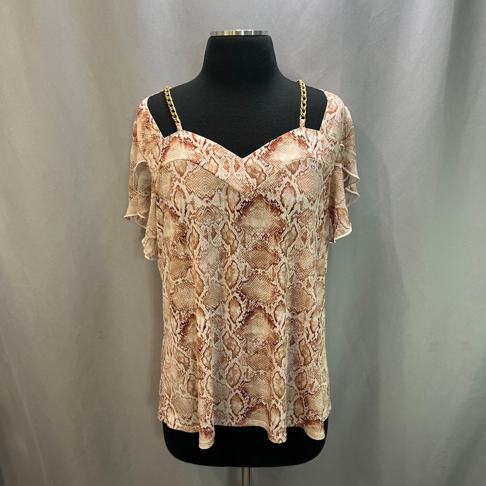 Adele & May Blouse Top Womens XL Brown Python Print Chain Detail Sweetheart Neck